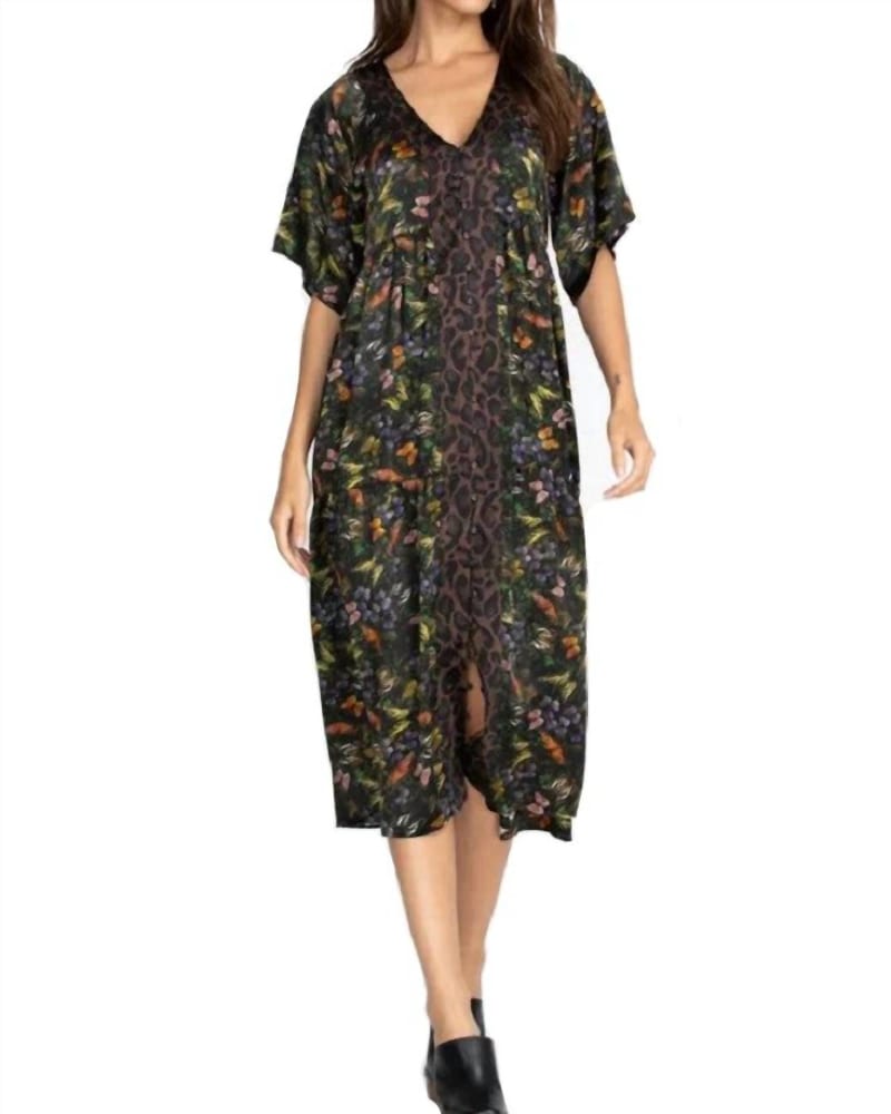 Front of a model wearing a size L Midnight Mariposa Button Front Dress in Multi in Multi by Johnny Was. | dia_product_style_image_id:337763